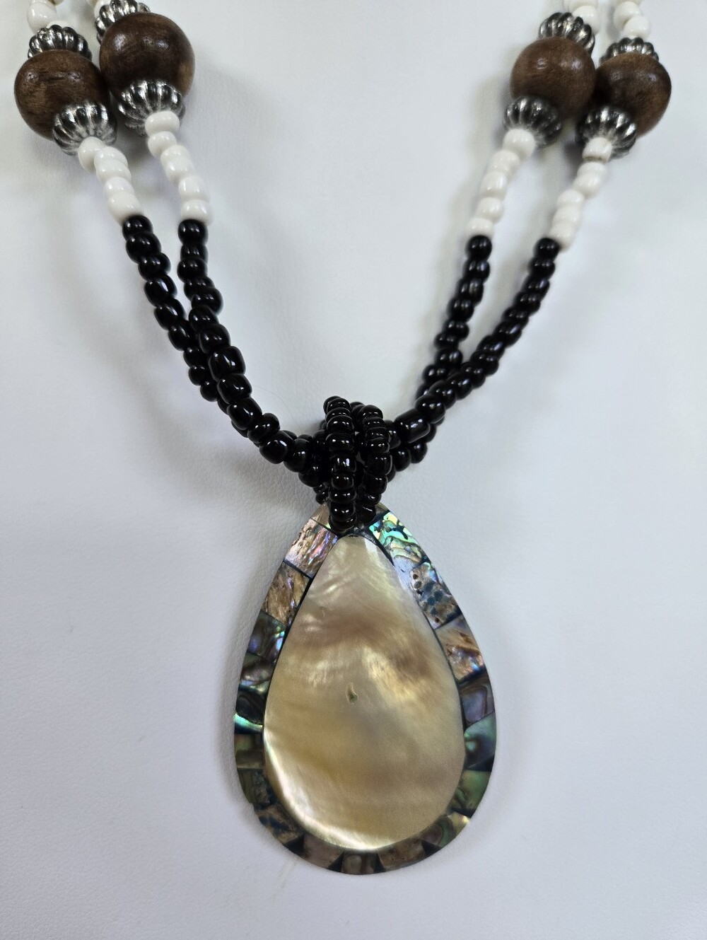 N-149-Boho Mother of Pearl Teardrop Pendant & Beaded Necklace-16"
